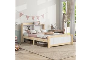 ‎MERAX Merax Kinderbett 90x200cm, Massivholz Stauraum Einzelbett mit Ausstellungsstand, Jugendbett mit Lattenrost und Kopfteil, praktischer Bettgestell für Kinderzimmer, Natürlich und Weiß, Ohne Matratze