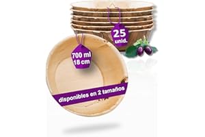 Waipur 25 Cuencos Desechables de Hoja de Palma Ecológicos - 18 cm/ 700 ml - Vajilla Orgánica Elegante - Estable, Natural y Biodegradable - Boles Descartable - similar al Bambu - Estilo Madera