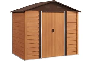 Outsunny Casetta da Giardino 4.07m² in Acciaio Zincato con Fori di Drenaggio Prese d'Aria, Capanno Porta Attrezzi con Tetto Inclinato, Doppie Porte Scorrevoli Bloccabili, Design Effetto Legno, Marrone