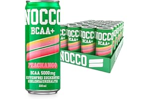 ‎NOCCO NOCCO BCAA Energy Drink – Zuckerfreies, Veganes Funktionsgetränk mit Aminosäuren und Vitaminen – Mango- und Pfirsichgeschmack, 24 x 330ml inkl. Pfand (Peachango)