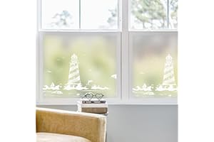 dktie Window Film Privacy Vinyl Frosted Window Film No-Glue Stained Glass Window Film Removable Lighthouse and Ocean Patterned Static Cling Films for Room Decor, Bathroom, Bedroom 90X200CM, (02-3)