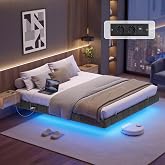 VASAGLE Floating Bed Frame, 16 x 200 cm, LED, 2 Sockets | Padded edges, USB port 2A+1C, load 500 kg, KACY collection RMB165G1
