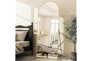 Koonmi Arched Full Length Mirror, Right Angle Design, Medium Size 165×60cm, Full Length Mirror with Stand, Made of Tempered Glass Suitable for Bedroom, Entryway, Living Room, Gold