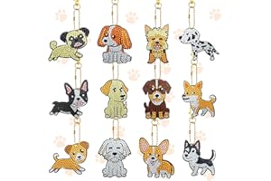 JODSEN 12 Pcs 5D DIY Diamond Painting Keychains,Dog Cartoon Double Sided Mosaic Decoration Diamond Art Keyrings,Animal Rhinestone Craft Keyring Pendant Diamond Painting Ornament Kit for Beginners,Adult
