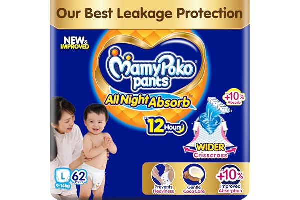 New Mamypoko Pants Premium All Night Absorb| Pant Style Baby Diapers Large Size(L), 62 Count, Ideal for 9-14Kgs|1 Diaper= Upt