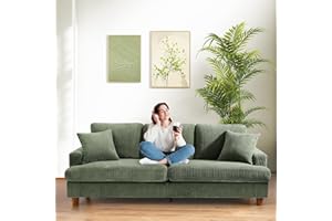 Domusensus 3 Sitzer Sofa Big, 221CM Cord Sofa Wohnzimmer Werkzeugfreie Montage, Schlafzimmer Sofas 53CM Extra Tiefe Sitze, Bequemes Couch mit 2 Kissen, Modernes Couch fürs Büro, Big Sofa Couch Grün