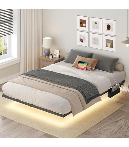 XMETPR Geklede Dubbelbed 140x200cm, Functioneel Bedframe met 4 Lades & LED Verlichting & 2 USB & 2 AC Oplaadstation, Houten Lattenbodem, Linnen Bed, Platformbed, Geluidsvrij, Beige