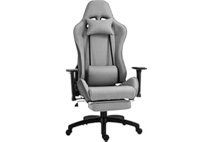 Vinsetto Fotel biurowy, krzesło biurowe, duży komfort, podnóżek + zintegrowana poduszka lędźwiowa, odchylane oparcie, regulowane podłokietniki, len szary