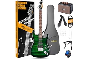 Leo Jaymz 39" Full Size ST Style Electric Guitar Starter Kit with SSH Pickup, 5W Portable Amp, Tuner, Gig Bag, Strap & Accessories(Green Flame 5W)