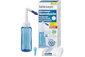 ‎TETESEPT tetesept Meerwasser Nasendusche bei Schnupfen und Pollenallergie – Inkl. 4 Beutel Nasenspülsalz - Zur Nasenspülung mit zwei austauschbaren Aufsätzen auch für Kinder geeignet