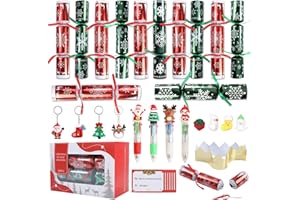 ONBAGLST 12 Pack Christmas Crackers Non-Snap Chritmas Cracker for Kids, Luxury Christmas Crackers with Party Hat, Joke & Keyring Squishy Pens Inside, Xmas Cracker for Kids Dinner Traditions