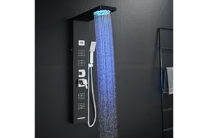 ROVOGO Duschpaneel mit Armatur Schwarz, Duschsäule mit LED-Licht und Temperaturanzeige, 4 Funktionen - Regendusche, Massagedusche, Wanneneinlauf und Handbrause, Duschpaneele Komplett aus 304 Edelstahl