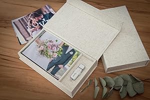 ELEGANTDISK Scatola porta USB per matrimonio, con scatola per foto, 13 x 18 cm, tessuto di lino, colore naturale