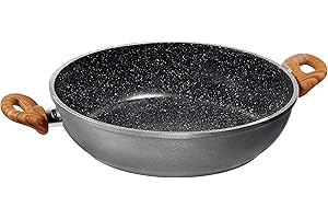 STONELINE Back to Nature Poêle à Servir 24 cm, Made in Germany, Revêtement Antiadhésif avec de vraies particules de pierre, Cuire sans huile ni graisse, Poignés motif Bois