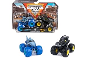 Monster Jam - Coches Monster Truck Escala 1:64 - Pack de 2 Camiones Metálicos Auténticos: Batman Vs. Megalodon - 6065293 - Coches para Niños - Juguetes Niños 3 años +