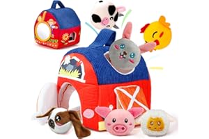 ZQEJEFD Montessori Bauernhof Baby Spielzeug ab 6–12 Monate – Stoff Bauernhof Haus mit 6 Weichen Tier-Rasseln & Spiegel, Sensorik Spielzeug für Kinder 1-3 Jahre, Weihnachts & Geburtstagsgeschenk