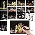 12 Pcs Scratch Art Paper Rainbow Scratch Paper with Scratching Tools Kit World Famous City Landmarks Scratch Art for Adults and Kids(A5 Size)