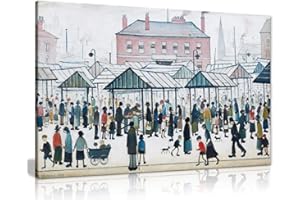 PANTHER PRINT L.S Lowry Market Scene, Northern Town Painting Canvas Print Wall Art Picture Home Decor (36x24in)