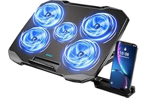 AIMIUZI Laptop Cooling Pad, Laptop Cooler for 12-15.6 Inch Notebooks, Laptop Cooling Stand with 5 Quiet Fans, 5 Height Adjustable, 2 USB Ports, Phone Stand (Black)