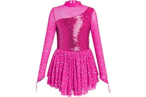 FYMNSI Figure Skating Dress for Girls Sparkly Rhinestone Long Sleeve Mesh Tulle Skirted Leotard Gymnastics Ballet Dancewear