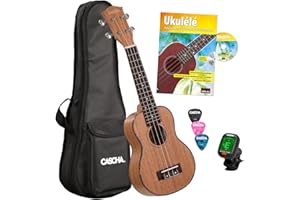 CASCHA HH 2027 FR Set de Ukulélé Soprano Premium Acajou avec une méthode en français, accordeur, sac rembourré, 3 plectres et cordes Aquila de qualité Marron
