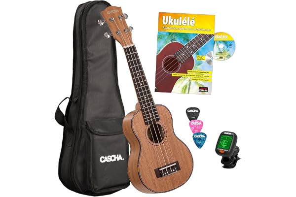 CASCHA HH 2027 FR Set de Ukulélé Soprano Premium Acajou avec une méthode en français, accordeur, sac rembourré, 3 plectres et cordes Aquila de qualité Marron