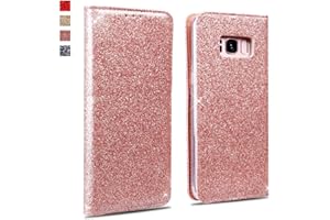 OKZone Galaxy S8 Hülle, Glitzer Bling Premium PU Leder Handyhülle Brieftasche-Stil Magnetisch Folio Flip Etui Brieftasche Hülle Schutzhülle Tasche Case für Samsung Galaxy S8 (Roségold)