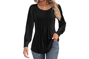 Cuptacc Tee Shirt Manche Longue Femme Col Rond Plissé Puff Sleeve Pull Femme Boutonnés Elegant