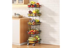 SAYZH Carrello Porta Frutta da Cucina, per La Conservazione di Verdura, Impilabile a 5 Livelli, con Ruote e Piedini Antiscivolo (Nero)