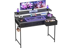 HOMIDEC Gaming Desk with Adjustable Monitor Stand, Computer Office Desk with 3 Storage Drawers, Gaming Table with Headphone Hook, Carbon Fibre Surface, for Gamers, Workers and Students, Black, 100cm