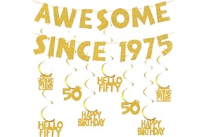 SOIREEPARTY 50th Birthday Decorations for Women Men - Glitter Awesome Since 1975 Banner Hanging Swirls Gold, Happy Birthday Party Decoration Hello Fifty Streamers Bunting for 50 Years Old
