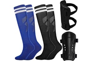 Aquzhou 2 Pairs Kids Football Socks and Kids Shin Pads Aged 6-13, Girls Boys Football Socks Cushioned Breathable Girls Boys Soccer Sock for Junior