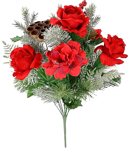 I.GE.A. Boeket Kunstbloemen Boeket Poinsettia Met Dennen Takken Set Van 2 Eucalyptus Katoen Adventdecoratie Kerstdecoratie Kerstster 2 Stuks 5 154891