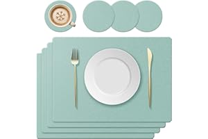 KERYCHIN Silicone Place Mats + 4 Round Coasters Set with Non-Slip Leaf Pattern, Heat Resistant 230 °C, Washable Place Mat for Kitchen, Home, Restaurant, Dining Table, 40 x 30 cm, Light Green