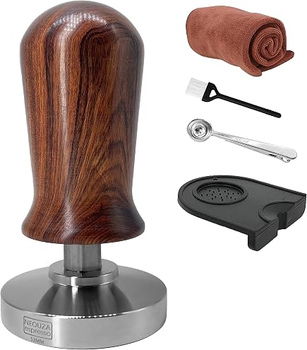 Tamper à Café 54 Mm Auto-nivelant à Ressort – Pression Constante 13,6 Kg, Poignée Noyer, Compatible Sage