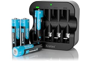 1.5V AA Rechargeable Lithium Batteries & Charger,Kratax 4-Pack 3500mWh Long-Lasting Double A Li-Ion Battery - 1600 Cyles,Constant Output,Max 3A Discharge - for Blink Camera, VR Controller,etc.