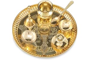 BENGALEN Brass Pooja thali Set 8 Inch with Pital Plate Kalash Spoon Diya Bowl Dhup Dan Ghanti Kappur Arti Daily Puja Thali for Diwali Home Mandir Office Wedding Return Gift Items