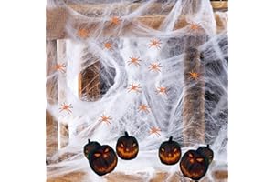 Dsplopk 1200 FT Spinnennetz Halloween Deko, 300g Spinnennetz + 60 orange Leine Spinnen Halloween Party Deko Spinnen Deko Karneval Spinne Halloween Türdeko Decorations Set Outdoor