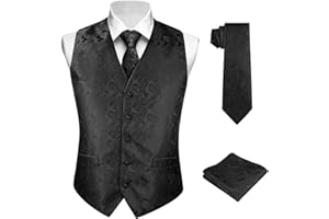 BSBUY Gilet da Abito da Uomo Nero, Classico Gilet Formale da Uomo, Elegante Gilet da Uomo Senza Maniche con Scollo a V, Business Suit Vest per Festa Sposa con Tasche, Gilet Set Cravatta e Fazzoletto