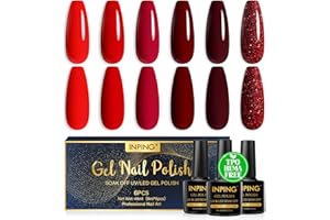 INPING Pintauñas Semipermanentes HEMA-FREE TPO-FREE, 6 Colore Rojo Burdeos Rojo Glitter Esmaltes Semipermanentes Para Uñas UV/LED Gel Nail Polish Uñas Diy Manicura Nail Art Set, 8 ML