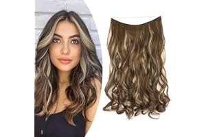 Gairyan Extensiones Hilo Invisible Pelo Sintético Secreto Extensiones Pelo Clip de Cabello Más Suave Aspecto Real Rizado 18" - Marrón ceniza & Rubio natural