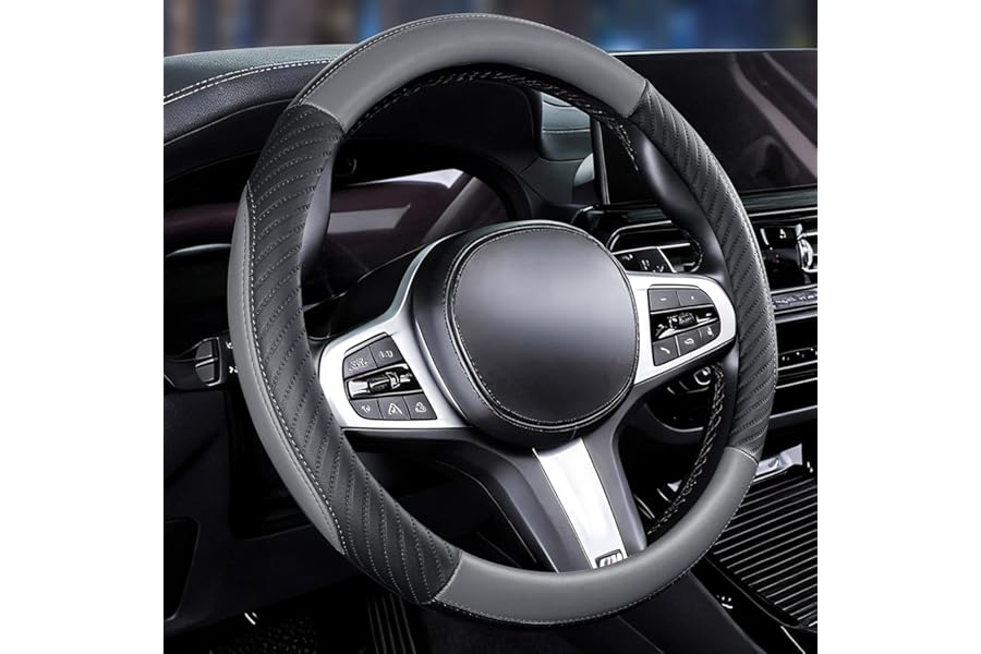 Car Steering Wheel Cover Leather - Soft Microfiber Steering Wheel Cover Universal Size M 37-38cm /14.5-15inch, Anti-slip, Breathable, Gray