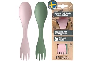 Light My Fire Spork Little 2-in-1 Durable Kids Cutlery Set 3 Year Old 2-Pack Reusable Travel Toddler Cutlery Set, BPA-Free Easy-to-Use Picnic Sporks Plastic Camping Accessories On-The-Go, Green/Pink
