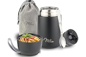Milu Termo para Comida 300ml, 440ml, 450ml, 650ml, 800ml Taza Aislada, Botella de Acero Inoxidable Aislada para Alimentos, Beber y sopa de los niños de adultos A prueba de fugas Térmico (650ml/Negro)