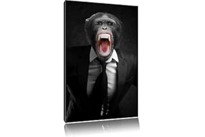 PIXXPRINT Dark rugissant singe dans un costume noir / blanc Format: toile 80x60auf, énorme XXL Photos complètement encadrée avec civière, art impression sur murale avec cadre, moins cher que la peinture ou la peinture à l'huile, aucune affiche ou un poster