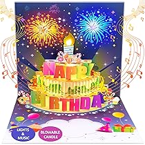 Dessie 3D Pop-Up Birthday Card With Blowable LED Light And Fireworks Perfect Happy Birthday Gift For Men Women And Kids