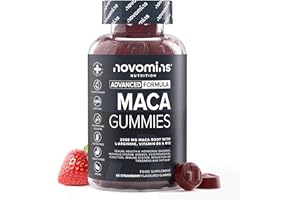 Novomins Gummies Racine de Maca 2000mg (Haute Puissance) – Supplément 100% Peruvien pour Hommes et Femmes – L-Arginine, Vitamine B12 & B6 – 60 Gummies Vegan Saveur Fraise – Plus Savoureux que les Comp