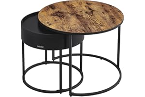 VASAGLE Tavolini da Salotto, Set di 2 Tavolini Rotondi ad Incastro, Stile Moderno, Vano Nascosto e Vassoio, per Soggiorno Camera da Letto Balcone, Marrone Vintage e Nero Inchiostro LCT044K01