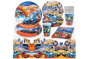 PHILOCTES Autos Pappteller Kindergeburtstag, 51 Stück Rennauto Geburtstagsteller Set, Monster Truck Geburtstagdeko, Wheels Auto Geschirr Kit-Teller, Pappbecher, Servietten, Tischdecke, Auto Cars Geburtstagsdeko
