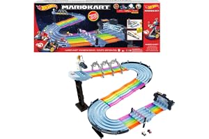 Hot Wheels Mario Kart Regnbågsvägen racerbana | 244 cm bana med ljus och ljud, 2 fordon i skala 1:64, 5 bansektioner, 2 uppställningar, GXX41